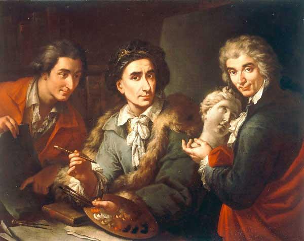 Selfportrait with his two students Antonio Florian and Giuseppe Pedrini